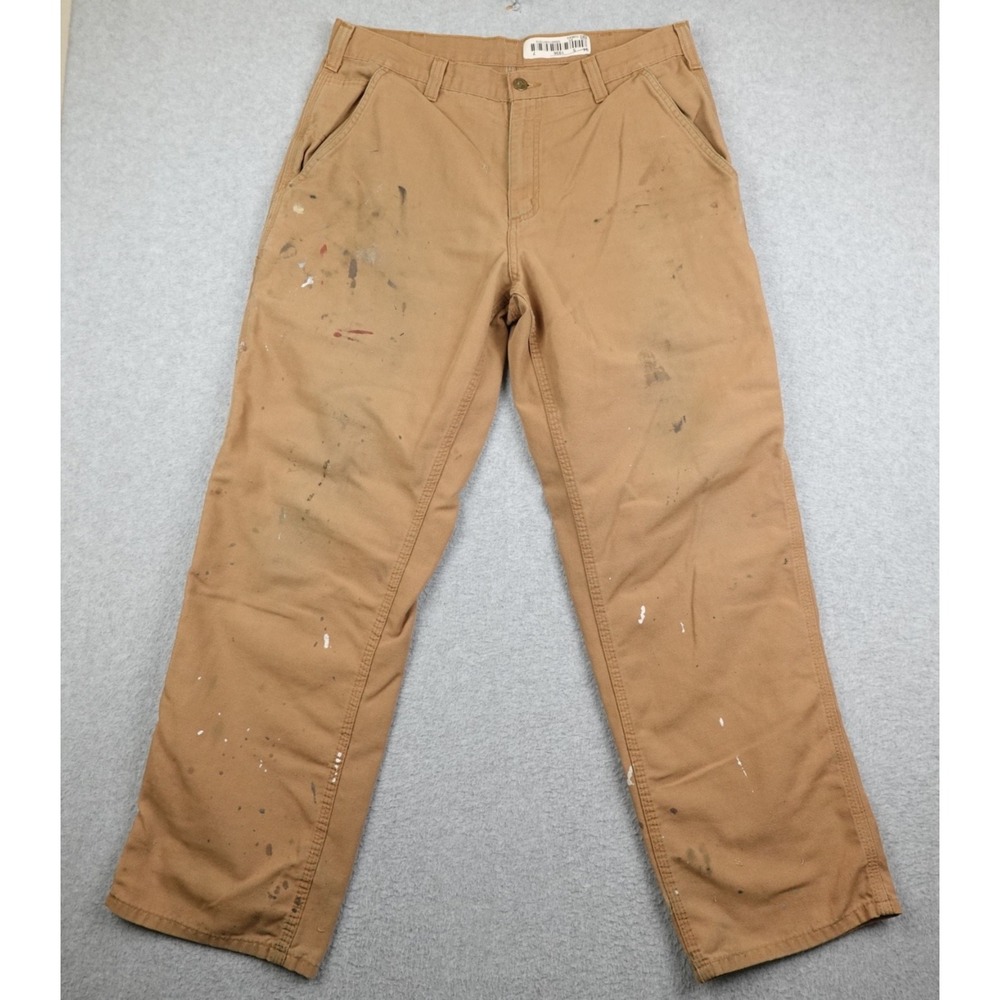 Carhartt Work Pants Mens 34x32 Dungaree Fit Brown 383-51 Carpenter Distressed